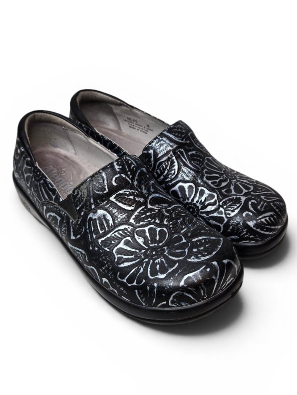 Alegria KEL 570 Silver Painted Floral Leather Loafer Women's Black Slip On 38
